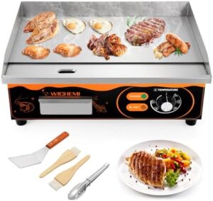 Boost your restaurant's kitchen efficiency with the WICHEMI electric grill, featuring a non-stick stainless steel surface and 3,000-watt power. Perfect for commercial use, this countertop griddle offers 22" of cooking space and easy cleanup. Get ready to grill like a pro!