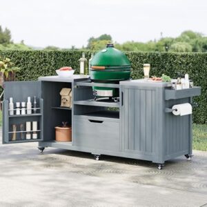 Discover the ultimate outdoor kitchen island for Big Green Egg Grills, featuring a solid wood construction, stainless steel top, and drawer. Perfect for family barbecues.