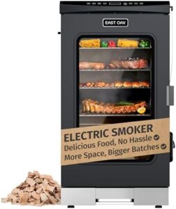 Unlock backyard BBQ and outdoor cooking nights with the EAST OAK Electric Smoker. Large capacity, 4 detachable racks, meat thermometer, and glass door for easy monitoring. Perfect for parties and gatherings, night blue color adds a touch of elegance.