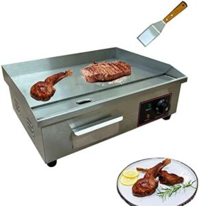 "Master indoor grilling with this 1600W stainless steel countertop griddle, perfect for restaurants or home cooking. Large flat top ideal for BBQ, pancakes, and chicken."