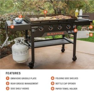 Cook up a storm on your patio or backyard with the Blackstone 2210 Original 36” Omnivore Griddle featuring two side shelves and powder coated steel for durable use. Perfect for camping trips or family gatherings, this griddle offers ample cooking space and versatile design.