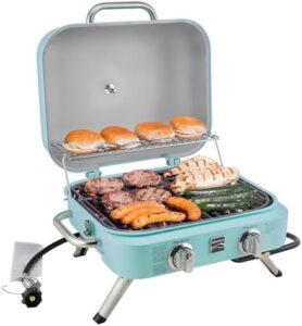 "Savor backyard gatherings with the Kenmore 2-Burner Portable Tabletop Retro Gas Grill, featuring a compact design and adjustable heat control. Perfect for small spaces!"