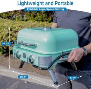 "Savor backyard gatherings with the Kenmore 2-Burner Portable Tabletop Retro Gas Grill, featuring a compact design and adjustable heat control. Perfect for small spaces!"