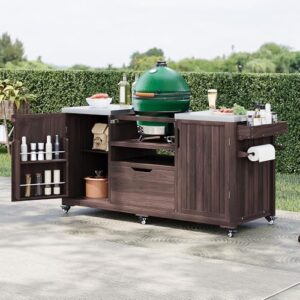 "Transform your backyard gatherings with the Outdoor Kitchen Island for Big Green Egg Grills, featuring a stainless steel top, drawer, and dark brown finish. Perfect for Large Big Green Eggs, this grill cart offers ample storage and cooking space."