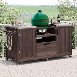 "Transform your backyard gatherings with the Outdoor Kitchen Island for Big Green Egg Grills, featuring a stainless steel top, drawer, and dark brown finish. Perfect for Large Big Green Eggs, this grill cart offers ample storage and cooking space."