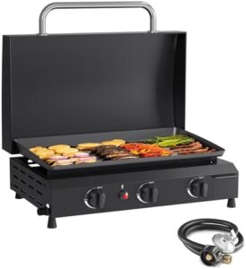 Here is the optimized SEO meta description:

"Upgrade your outdoor cooking experience with the SKOK 3 Burner Gas Griddle featuring a powerful hood and 45,000 BTU propane fuel. Perfect for camping or kitchen use."