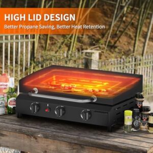 Here is the optimized SEO meta description:

"Upgrade your outdoor cooking experience with the SKOK 3 Burner Gas Griddle featuring a powerful hood and 45,000 BTU propane fuel. Perfect for camping or kitchen use."