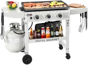 Here is the generated SEO meta description:

"Experience outdoor grilling like never before with this 3-burner propane gas griddle featuring a 28-inch flat top and foldable side tables, perfect for camping or tailgating. Cooking area measures 492 Sq. In."