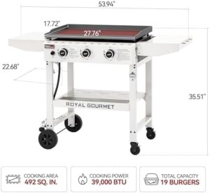 Here is the generated SEO meta description:

"Experience outdoor grilling like never before with this 3-burner propane gas griddle featuring a 28-inch flat top and foldable side tables, perfect for camping or tailgating. Cooking area measures 492 Sq. In."