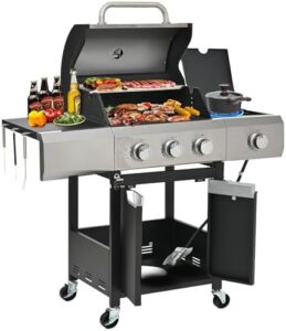 Here is the optimized meta description:

"Upgrade your outdoor cooking experience with the Evedy Gas Grill, featuring 3 burners and a side burner. Stainless steel construction and 40,500 BTU of power for perfect BBQs every time. Includes cover for convenient storage."