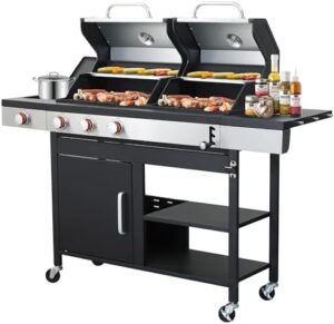 Here is the generated SEO meta description:

"Experience backyard cooking with the 3 Burner Propane Gas BBQ Grill, featuring a side burner and stainless steel construction. Perfect for outdoor gatherings, this grill combo includes enameled cast iron grids and portable charcoal use."