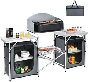 Discover the Giantex Camping Kitchen Station, a portable grill table with 26'' tabletop, 2 side tables, storage organizer, and detachable windscreen. Perfect for backyard BBQs and picnics!