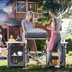 Discover the Giantex Camping Kitchen Station, a portable grill table with 26'' tabletop, 2 side tables, storage organizer, and detachable windscreen. Perfect for backyard BBQs and picnics!