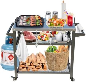 Discover the Domi Grill Cart Table, a versatile outdoor food prep station with 3 storage shelves, wheels, hooks and stainless steel tabletop. Perfect for kitchen BBQs, this movable dining cart measures 42" W x 22" D in dark gray.