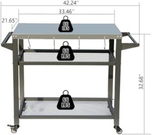 Discover the Domi Grill Cart Table, a versatile outdoor food prep station with 3 storage shelves, wheels, hooks and stainless steel tabletop. Perfect for kitchen BBQs, this movable dining cart measures 42" W x 22" D in dark gray.