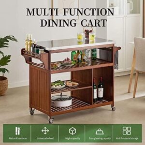 Transform your kitchen prep experience with the UNICOO Bamboo Kitchen Rolling Utility Trolley Cart featuring a stainless steel top, perfect for outdoor BBQs or indoor food prep.