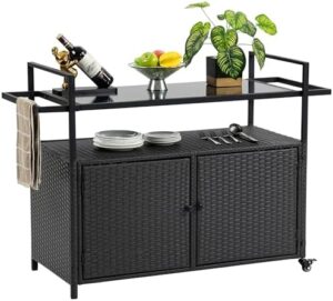 Discover the HOMEFUN Outdoor Bar Cart Table, a versatile patio console storage cabinet with wheels and waterproof wicker serving tables perfect for BBQs and outdoor gatherings.