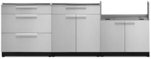 Here is the generated meta description:

"Upgrade your outdoor kitchen with this NewAge Products stainless steel cabinet set featuring 3 drawers, a wine rack and grill cabinet. Perfect for entertaining!"