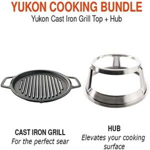 Here is the meta description:

"Upgrade your outdoor cooking with Solo Stove Yukon Grill Top and Hub, a cast iron cooktop featuring a stainless steel hub for 8” elevation. Perfect addition to your Yukon Fire Pit, weighing 21.5lbs and measuring 17.5".