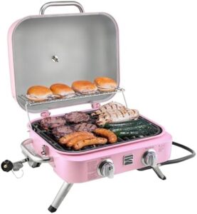 "Cook up a classic with the Kenmore 2-Burner Portable Tabletop Retro Gas Grill, perfect for outdoor gatherings and compact cooking spaces. Includes adjustable heat control and foldable design."