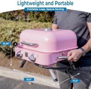 "Cook up a classic with the Kenmore 2-Burner Portable Tabletop Retro Gas Grill, perfect for outdoor gatherings and compact cooking spaces. Includes adjustable heat control and foldable design."