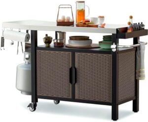 Elevate your kitchen style with the onlyfire 53-Inch Dining Cart Table Storage Cabinet featuring an XL stainless steel countertop, rolling wheels, and side shelf. Perfect for indoor or outdoor use.