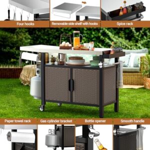 Elevate your kitchen style with the onlyfire 53-Inch Dining Cart Table Storage Cabinet featuring an XL stainless steel countertop, rolling wheels, and side shelf. Perfect for indoor or outdoor use.