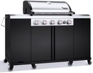 Discover the Brand-Man Propane Gas Grill Island with 52000 BTUs and stainless steel burner. Perfect for outdoor kitchen cooking, this grill island features storage cabinets and a natural gas convertible option.