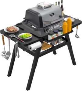 Elevate your outdoor cooking experience with the BBQ-PLUS Grill Stand, a portable and adjustable cart for Ninja Woodfire, Blackstone 17" Griddle, and more. With its sturdy shelf and folding design, perfect for camping or backyard gatherings.