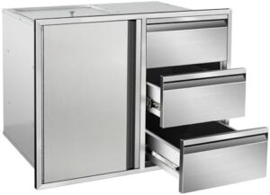 Here is the optimized SEO meta description:

"Elevate your outdoor cooking space with this stainless steel combo cabinet featuring triple drawers and a right-access door for easy access to utensils and ingredients, perfect for patio grill stations and island kitchens."