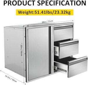 Here is the optimized SEO meta description:

"Elevate your outdoor cooking space with this stainless steel combo cabinet featuring triple drawers and a right-access door for easy access to utensils and ingredients, perfect for patio grill stations and island kitchens."