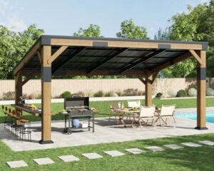 Transform your outdoor gatherings with the Amerlife 10x14 FT Spruce Wood Grill Gazebo, featuring a permanent galvanized steel lean-to canopy and built-in bar shelf. Perfect for decks, backyards, or gardens.