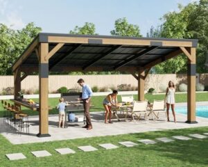 Transform your outdoor gatherings with the Amerlife 10x14 FT Spruce Wood Grill Gazebo, featuring a permanent galvanized steel lean-to canopy and built-in bar shelf. Perfect for decks, backyards, or gardens.