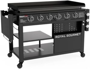 Here is the generated meta description:

"Grill in style with Royal Gourmet's 6-Burner Propane Gas Griddle featuring folding side tables, double-layer bottom shelves, and a spacious 44-inch flat top perfect for outdoor parties or backyard barbecues. Perfect for any occasion!"