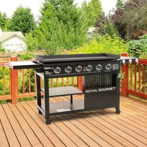 Here is the generated meta description:

"Grill in style with Royal Gourmet's 6-Burner Propane Gas Griddle featuring folding side tables, double-layer bottom shelves, and a spacious 44-inch flat top perfect for outdoor parties or backyard barbecues. Perfect for any occasion!"