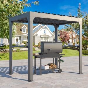 Here is the optimized meta description:

"Elevate your outdoor living with this 8x5 Louvered Pergola featuring an adjustable rainproof roof and black aluminum construction. Perfect for patio grill gatherings, enjoy shade and protection from the elements."