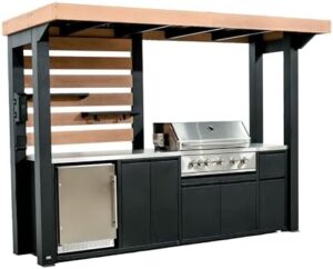 Boost outdoor cooking adventures with the Backyard Discovery Fusion Flame Galvanized Steel Covered Outdoor Kitchen. Features 5-burner grill, refrigerator, countertop storage and steel roof for all-season use. Perfect for family gatherings and BBQs!