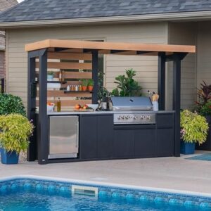 Boost outdoor cooking adventures with the Backyard Discovery Fusion Flame Galvanized Steel Covered Outdoor Kitchen. Features 5-burner grill, refrigerator, countertop storage and steel roof for all-season use. Perfect for family gatherings and BBQs!
