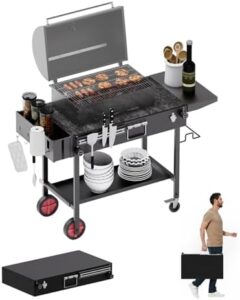 Here is the generated SEO meta description:

"Portable outdoor grill table with foldable cart and wheels, perfect for cooking on-the-go. Fits Blackstone Griddle 17 Inch and 22 Inch models. Enhance your outdoor gatherings with this compact and convenient grilling solution."