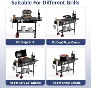 Here is the generated SEO meta description:

"Portable outdoor grill table with foldable cart and wheels, perfect for cooking on-the-go. Fits Blackstone Griddle 17 Inch and 22 Inch models. Enhance your outdoor gatherings with this compact and convenient grilling solution."