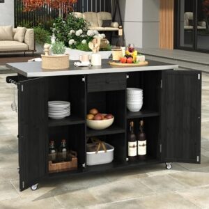 Elevate your outdoor cooking experience with the Merax 52.25" W Outdoor Kitchen Island featuring a stainless steel tabletop and storage cabinet for BBQ and bar essentials, perfect for patio gatherings.