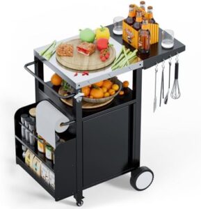 Elevate your outdoor cooking experience with the ROOMTEC Grill Cart, featuring storage, hooks, and a spice rack. Perfect for patio kitchens, this waterproof cart includes a removable cover.
