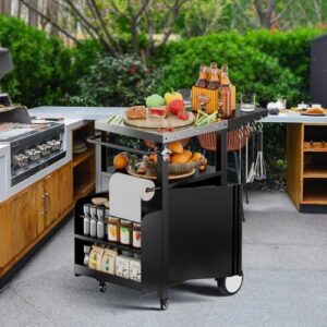 Elevate your outdoor cooking experience with the ROOMTEC Grill Cart, featuring storage, hooks, and a spice rack. Perfect for patio kitchens, this waterproof cart includes a removable cover.