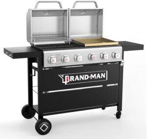 Unlock backyard grilling freedom with the Brand-Man 6-Burner Griddle Grill Combo, a 2-in-1 propane gas grill and griddle for perfect BBQs and meals. Perfect for outdoor kitchens and backyard gatherings!