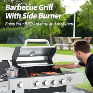 Savor outdoor cooking with the 4-Burner Propane Gas BBQ Grill featuring a side burner and porcelain-enamel cast iron grate. Perfect for camping, patios, and backyards - 46,790 BTU grill combo.
