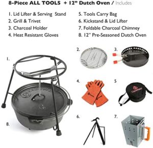 Unlock the great outdoors with our 8-piece Dutch Oven and Tools Set, featuring a charcoal holder, cast iron grill accessories, and camp kitchen essentials for a camping adventure like no other.