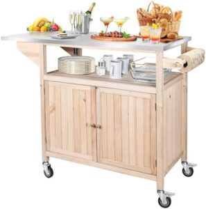 Discover the perfect outdoor grill table! Solid wood cart with storage and stainless steel top. XL capacity, movable island for backyard patio, natural wood construction. Great value!