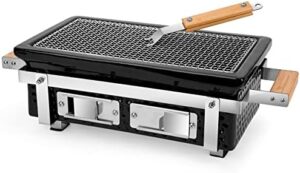 Perfectly crafted portable BBQ grill for camping, picnics or backyard cooking, featuring a stainless steel grate and grid lifter. Get ready to fire up your outdoor meals with this compact and versatile charcoal grill!