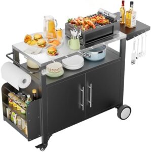 Perfect outdoor grill cart for parties and gatherings, featuring storage, hooks, and spice rack. Organize your patio kitchen island with waterproof design and movable tabletop.