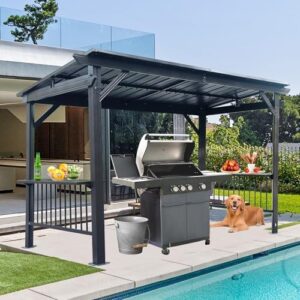 Discover the Domi 6.5x12FT Hardtop Grill Gazebo, featuring 2 side shelves and ceiling hook for convenient grilling. Perfect for patio, lawn, or backyard use with galvanized steel slope roof protection. Grey color.